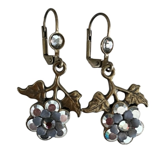 Michal Negrin Silver Gray Swarovski Crystals Floral Leaves Brass Drop Earrings - Picture 1 of 4